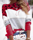 Leopard Color Block Round Neck Long Sleeve Sweater