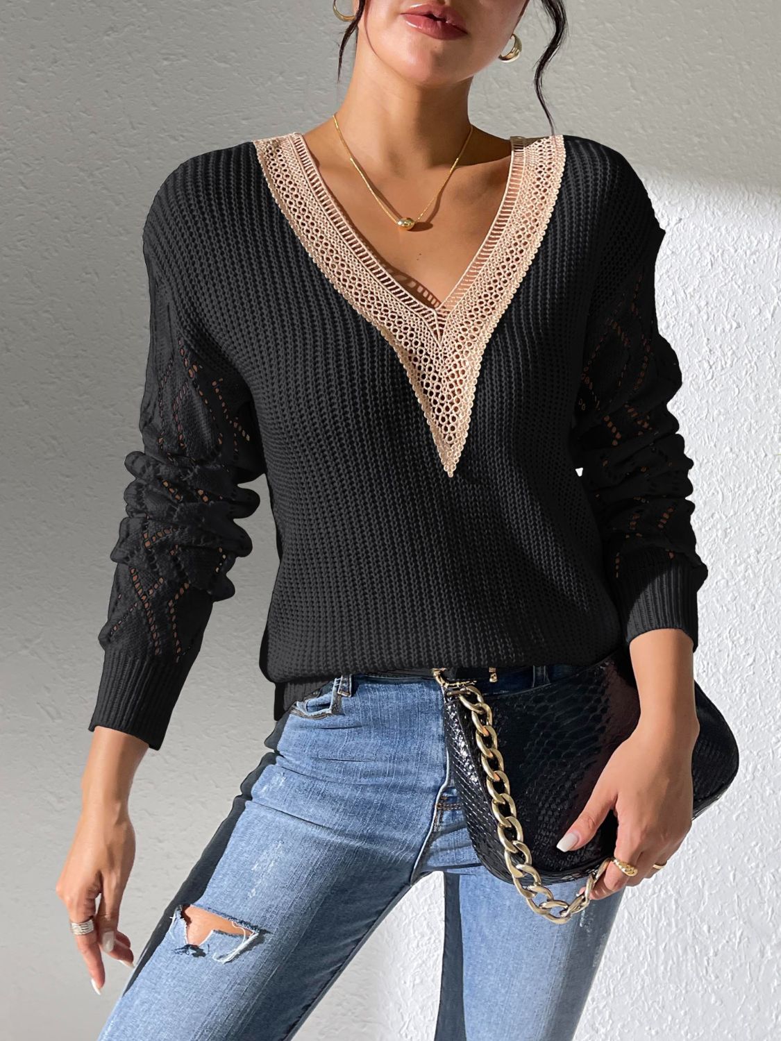 Openwork V-Neck Long Sleeve Sweater - Body By J'ne