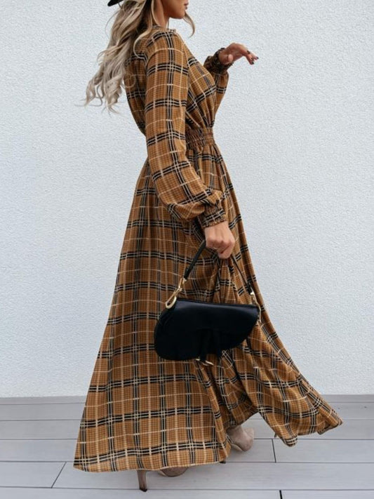 Slit Plaid Tie Neck Long Sleeve Maxi Dress - Body By J'ne