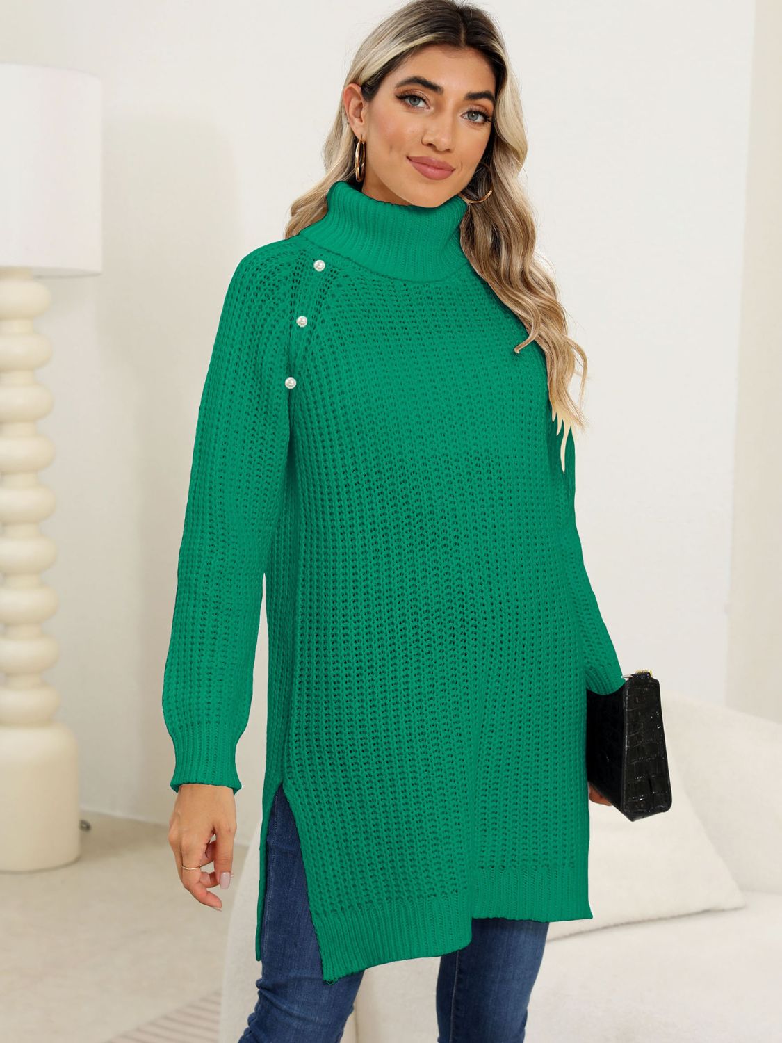 Slit Turtleneck Long Sleeve Sweater - Body By J'ne