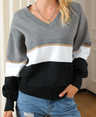 Color Block V Neck Long Sleeve Sweater