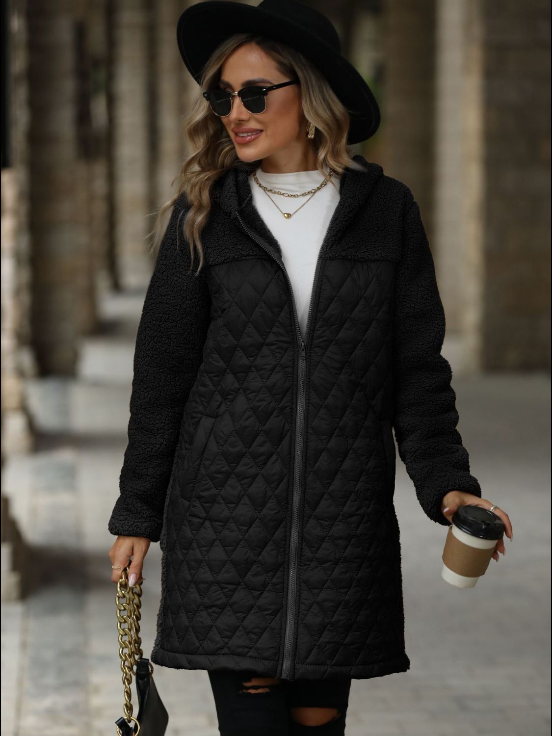 Texture Zip Up Long Sleeve Hooded Coat - Body By J'ne