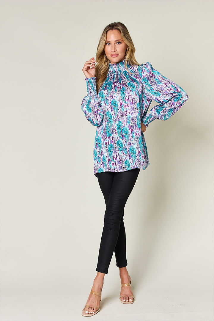 Full Size Printed Smocked Long Sleeve Blouse - Body By J'ne