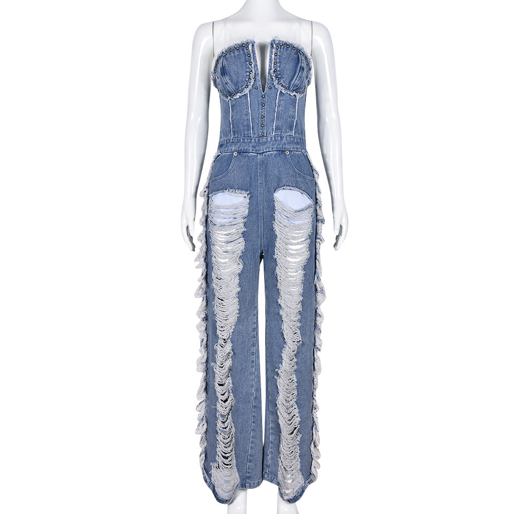 Tassel Hole Rhinestone Washing Water Denim Jumpsuit - Body By J'ne