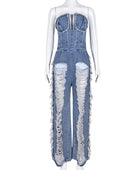 Tassel Hole Rhinestone Washing Water Denim Jumpsuit - Body By J'ne