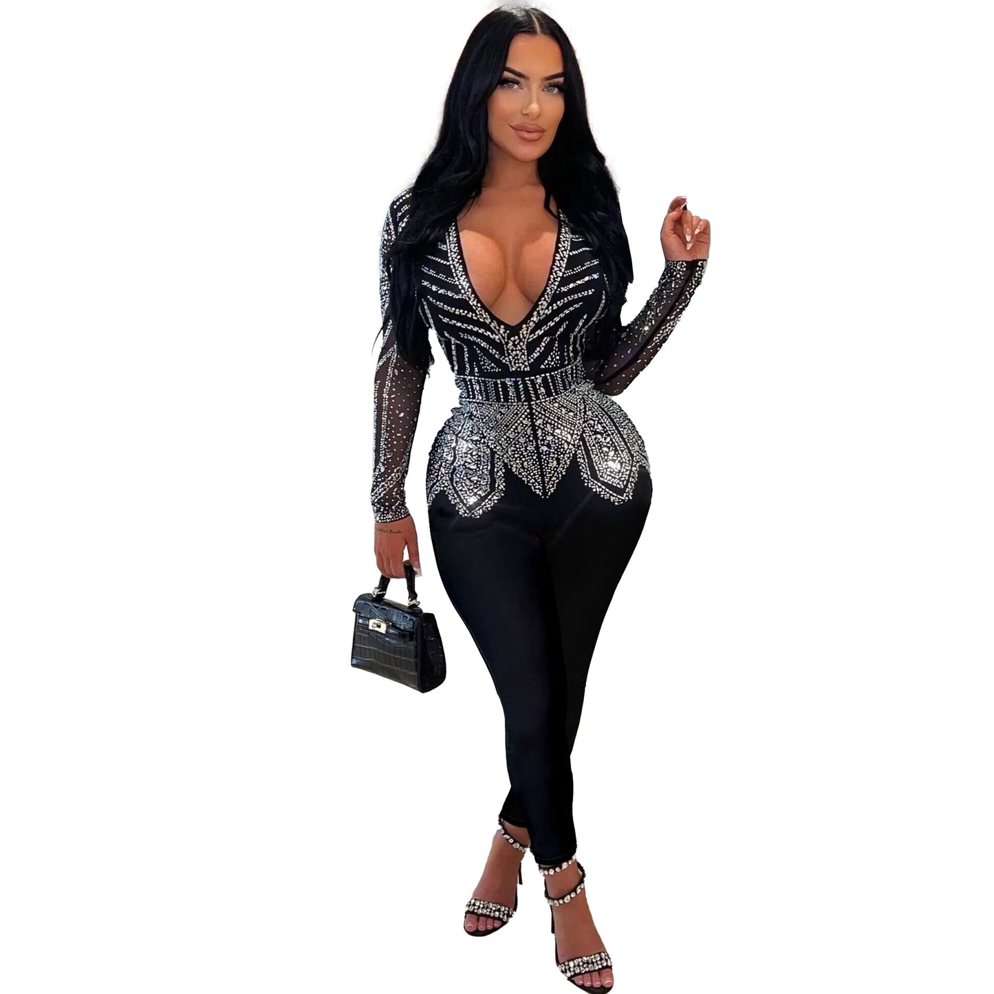 Slim Hip Rhinestone V-neck Stretch Jumpsuit - Body By J'ne