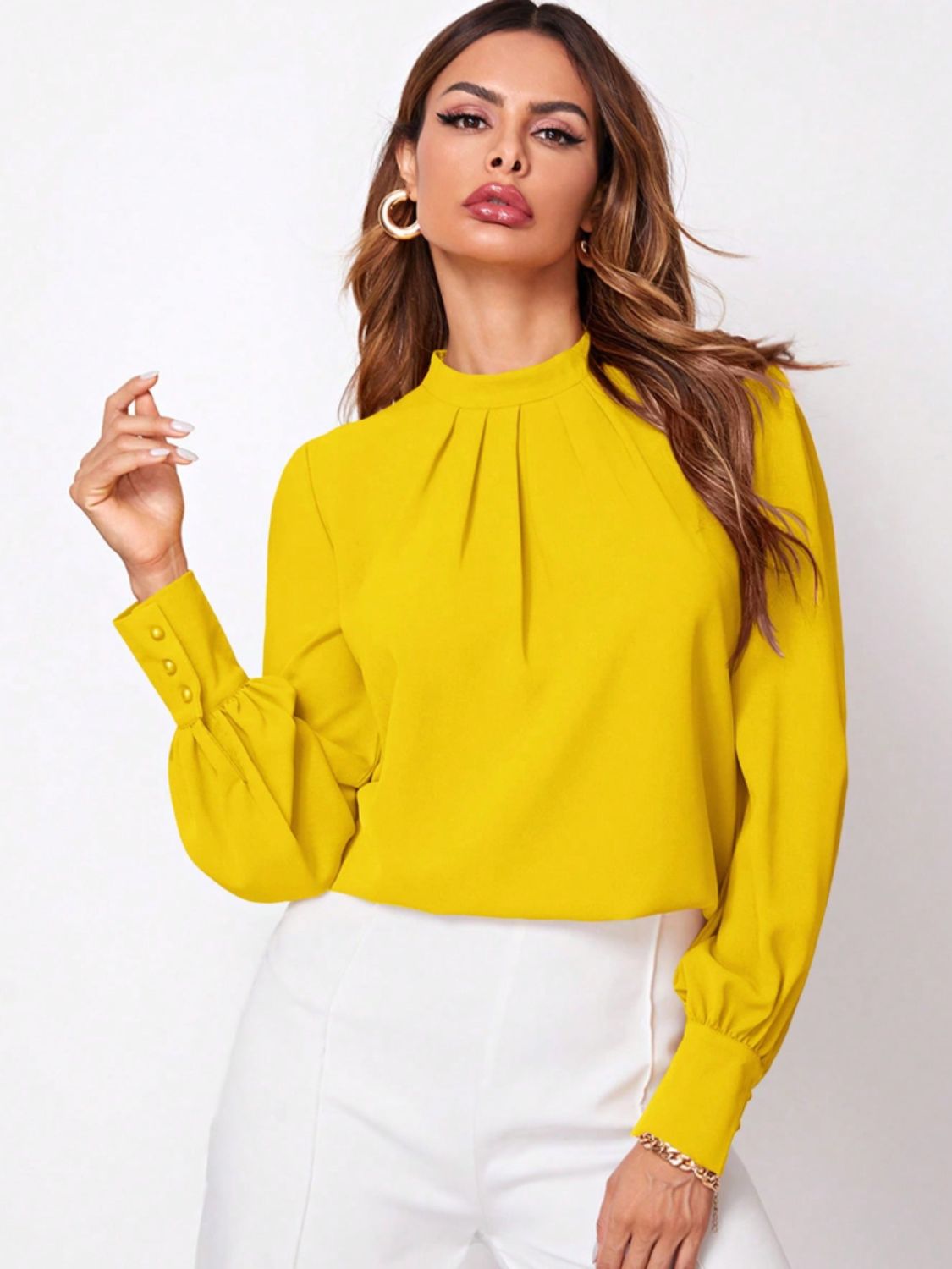 Ruched Mock Neck Long Sleeve Blouse - Body By J'ne