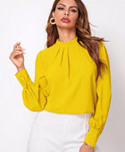 Ruched Mock Neck Long Sleeve Blouse