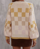 Checkered V-Neck Lantern Sleeve Sweater - Body By J'ne