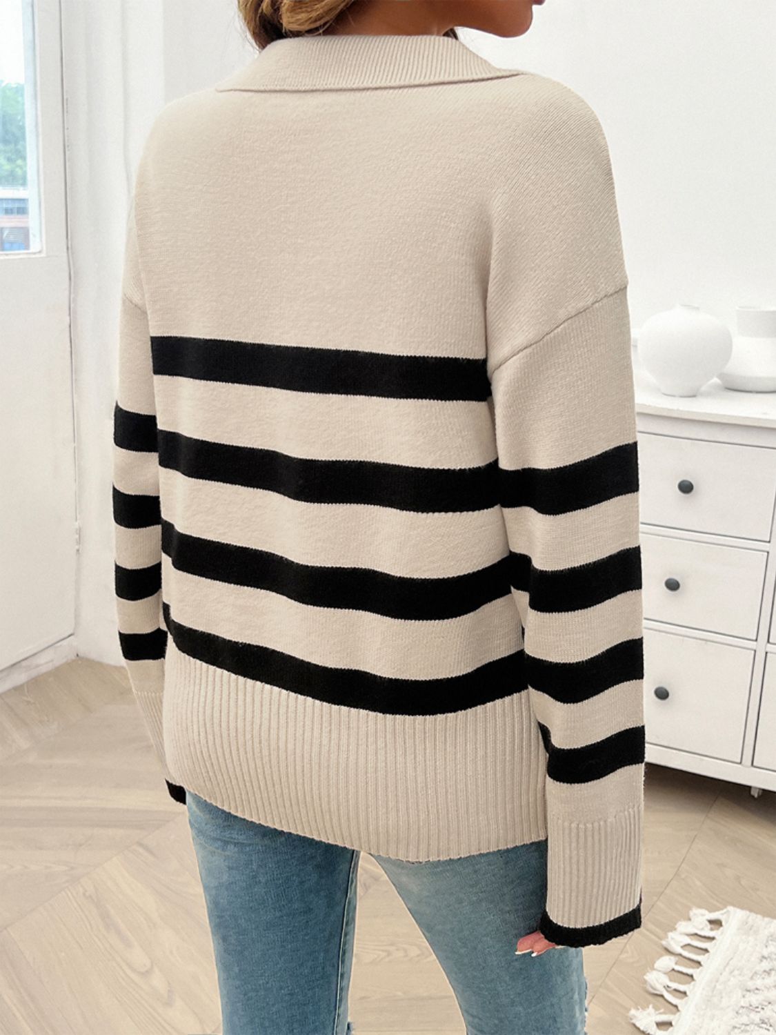 Striped Collared Neck Long Sleeve Sweater - Body By J'ne