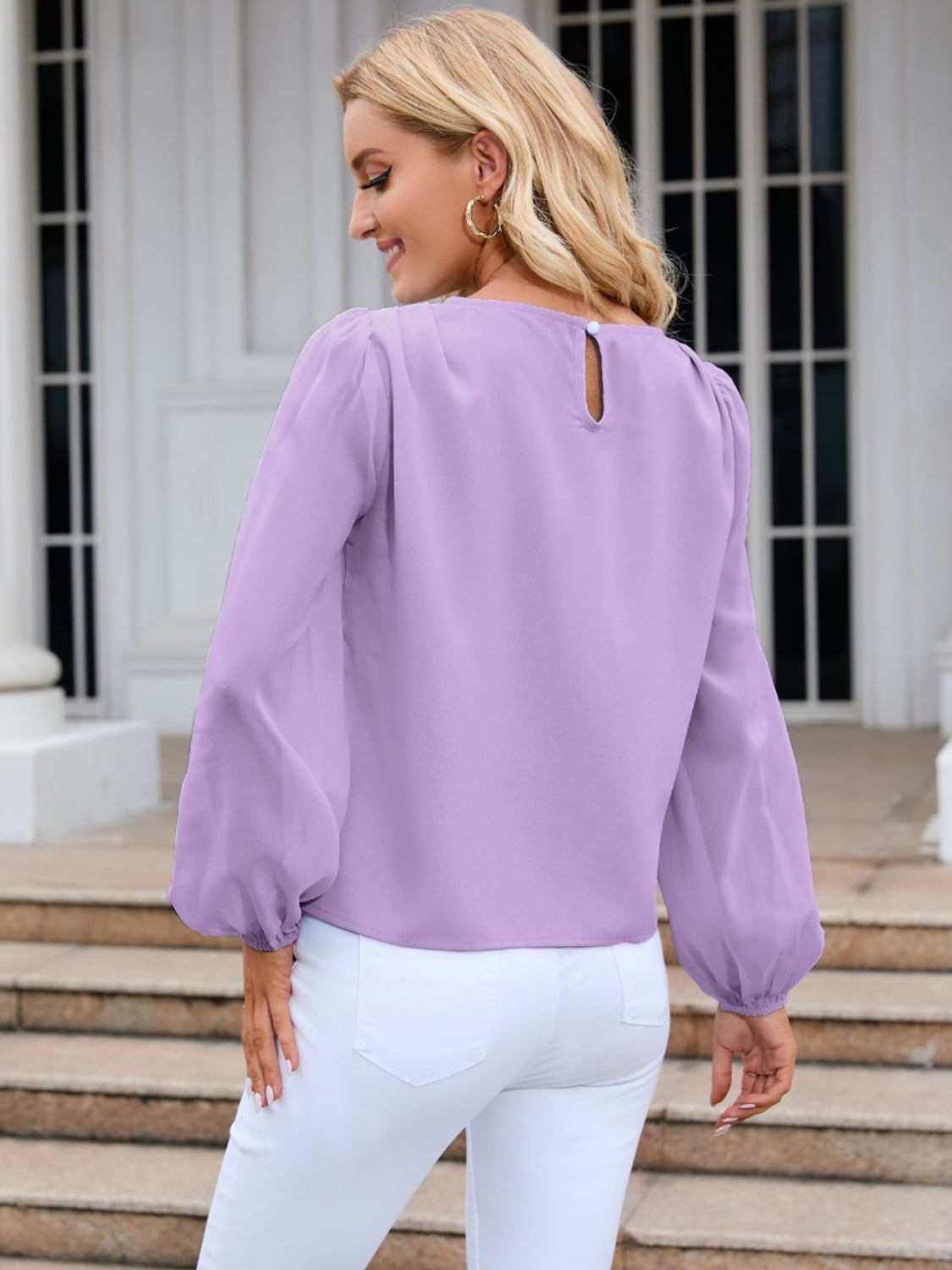 Round Neck Balloon Sleeve Blouse - Body By J'ne