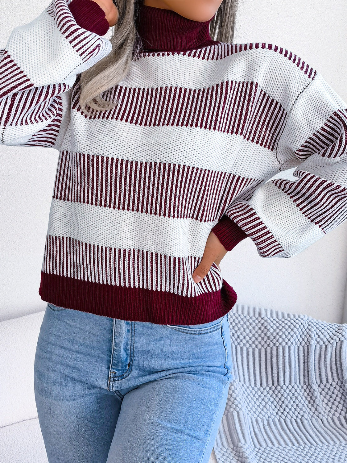 Striped Turtleneck Long Sleeve Sweater - Body By J'ne