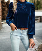 Tie Up Mock Neck Velvet Fabric Long Sleeve Blouse