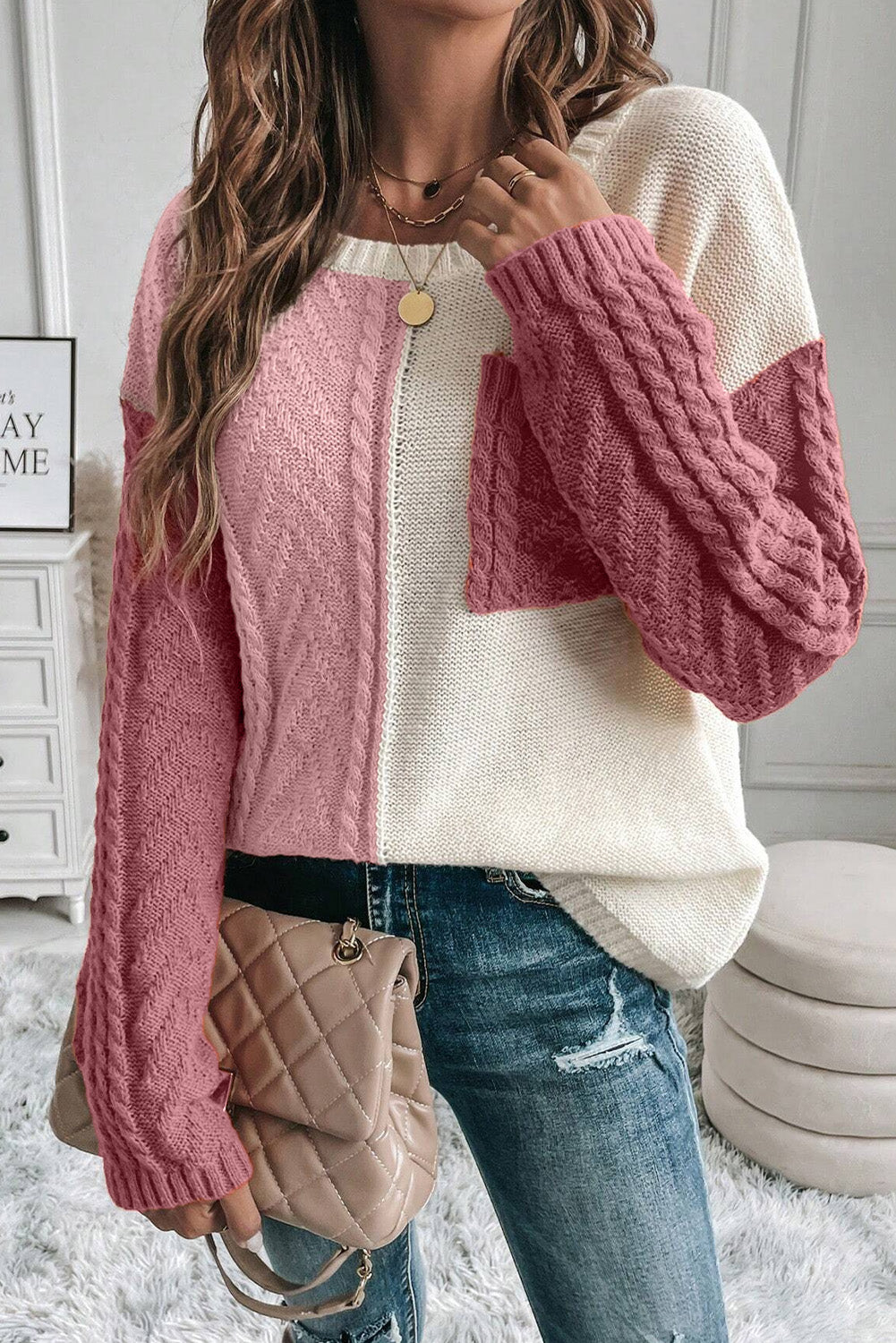 Color Block Round Neck Long Sleeve Sweater - Body By J'ne