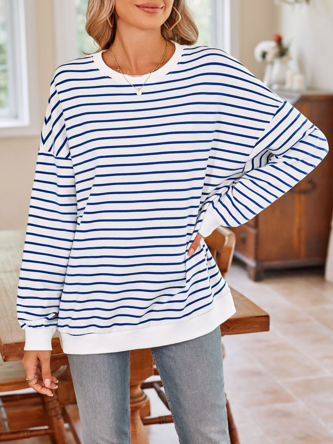 Lovelet Striped Round Neck Long Sleeve Sweatshirt - Body By J'ne