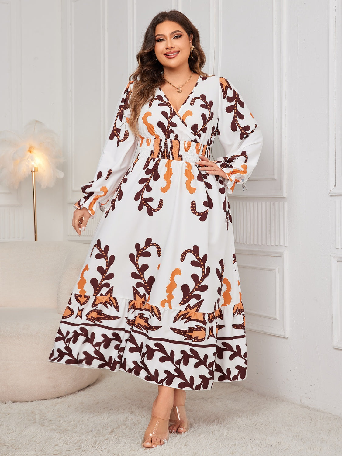 Plus Size Printed Surplice Flounce Sleeve Dress - Body By J'ne