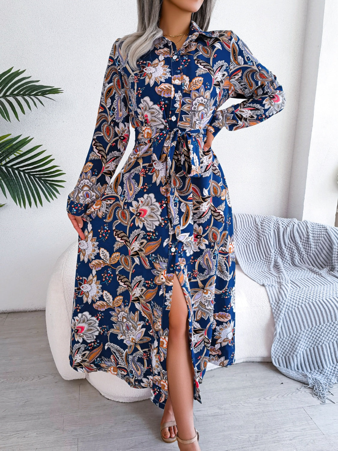 Tied Printed Long Sleeve Midi Dress - Body By J'ne
