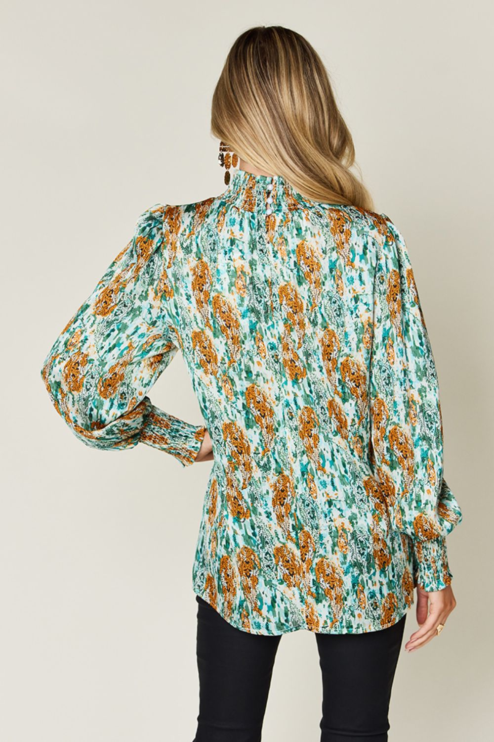 Full Size Printed Smocked Long Sleeve Blouse - Body By J'ne