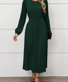 Perfee Pleated Round Neck Long Sleeve Midi Dress