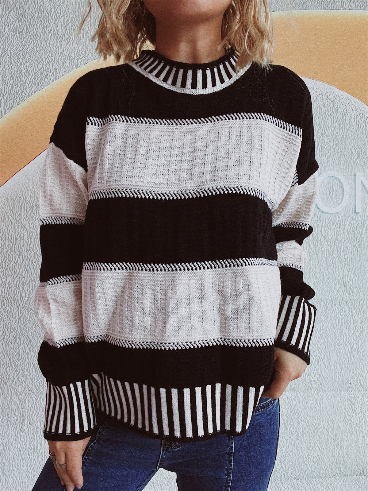 Contrast Round Neck Long Sleeve Sweater - Body By J'ne