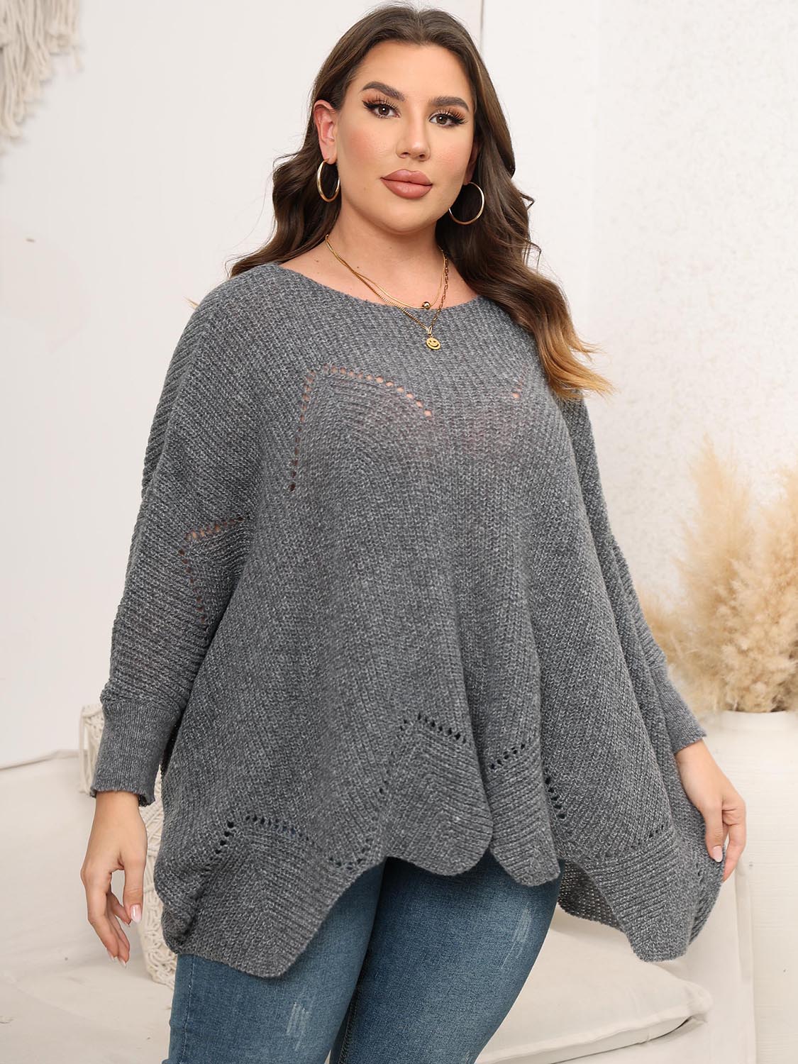 Plus Size Round Neck Batwing Sleeve Sweater - Body By J'ne