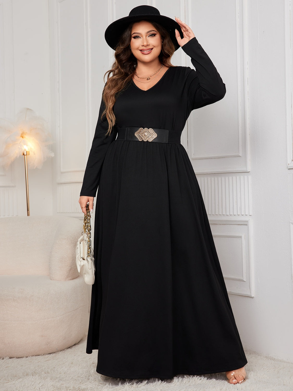 Plus Size Cutout V-Neck Long Sleeve Maxi Dress - Body By J'ne