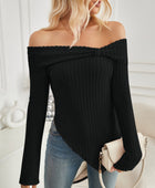 Ribbed Asymmetrical Hem Off-Shoulder Long Sleeve T-Shirt