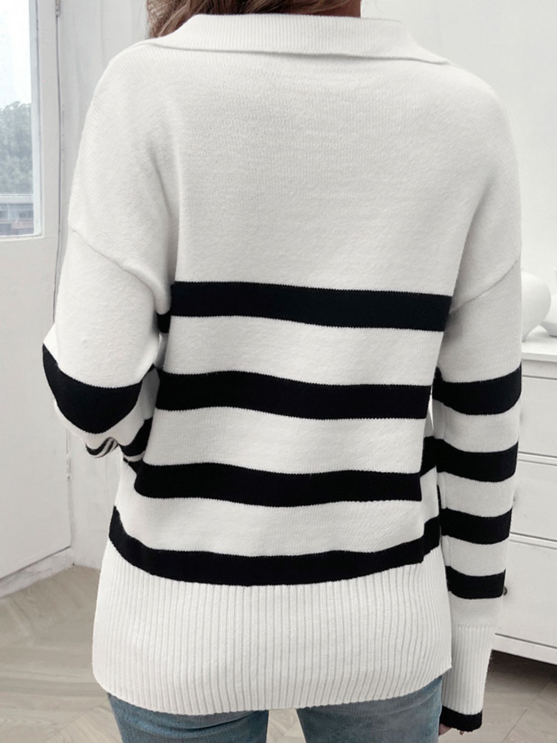 Striped Collared Neck Long Sleeve Sweater - Body By J'ne