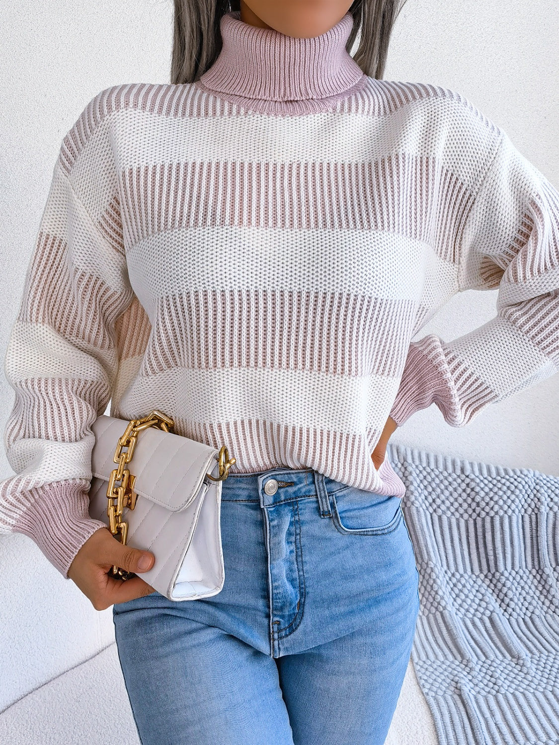 Striped Turtleneck Long Sleeve Sweater - Body By J'ne
