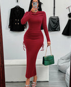 Drawstring Textured Long Sleeve Wrap Dress