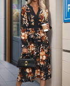 Printed Notched Long Sleeve Midi Dress