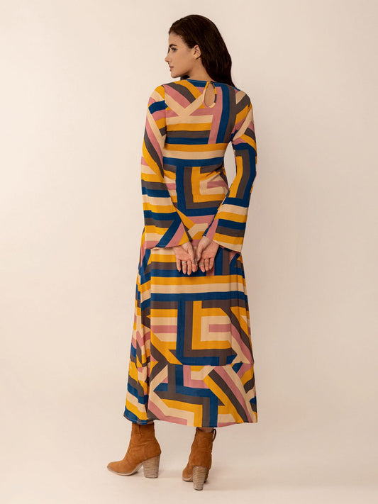 Contrast Round Neck Flare Sleeve Midi Dress - Body By J'ne