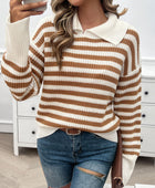 Devine Striped Collared Neck Long Sleeve Sweater