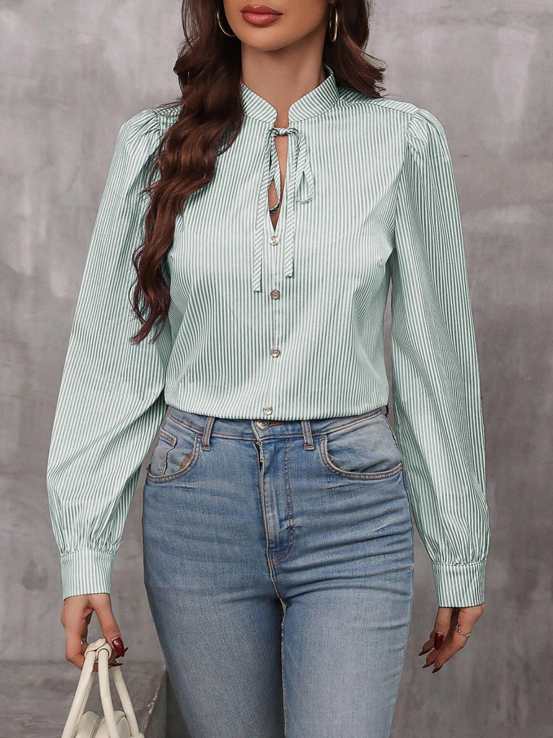 Striped Tie Neck Long Sleeve Blouse - Body By J'ne