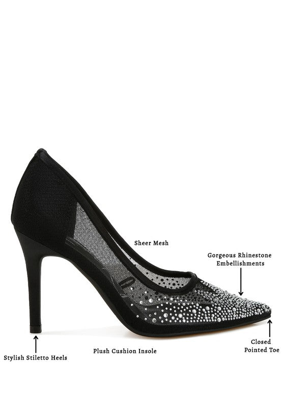 High Ball Mesh Rhinestone Stiletto Pumps - Body By J'ne