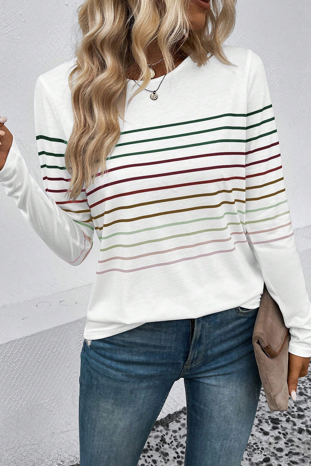 Striped Round Neck Long Sleeve T-Shirt - Body By J'ne