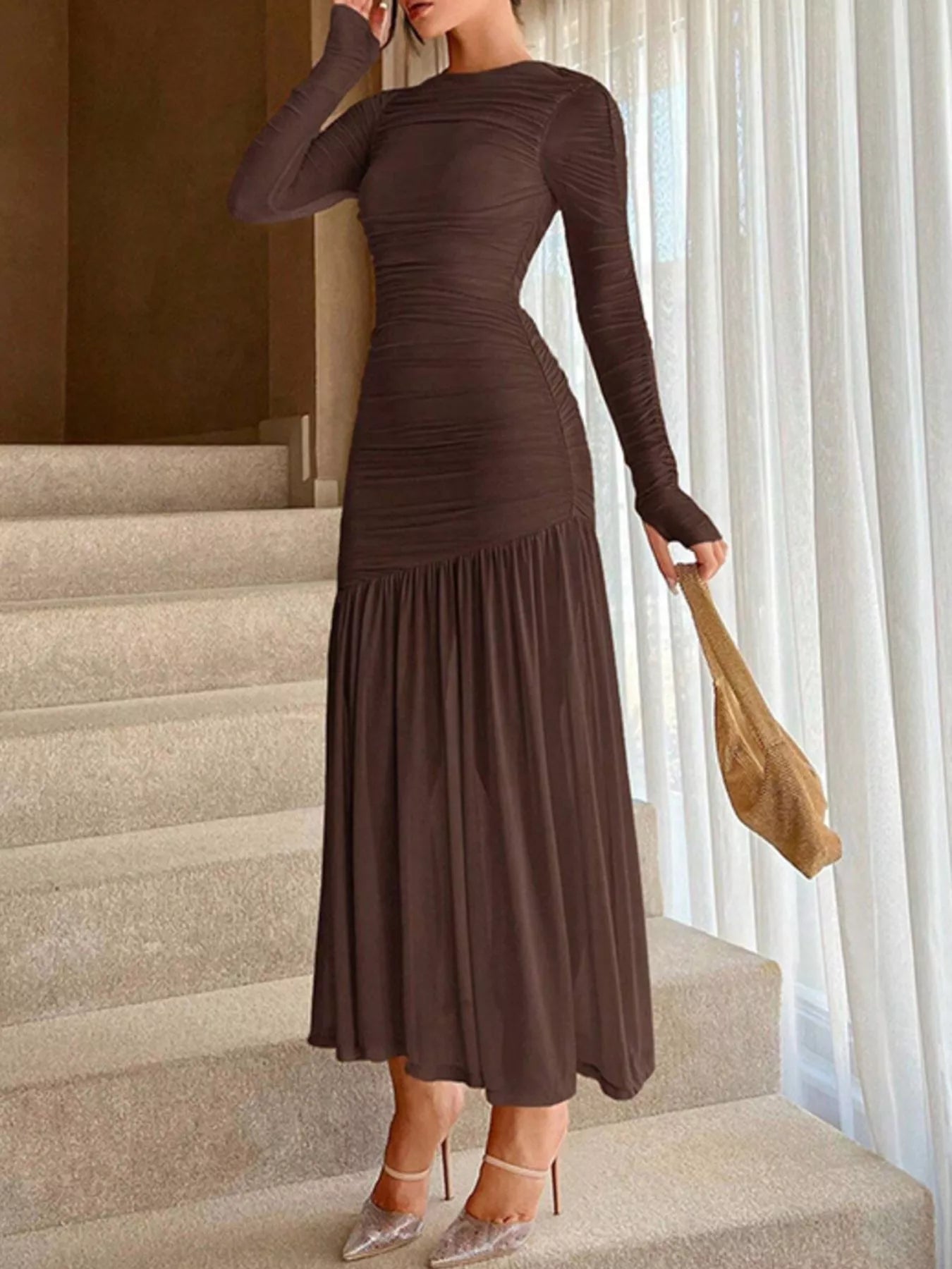 Ruched Long Sleeve Bodycon Midi Dress Wine Red / M Ruched Long Sleeve Bodycon Midi Dress Wine Red / M