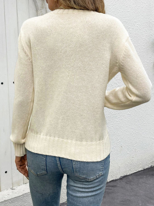 Perfee Openwork Round Neck Long Sleeve Sweater