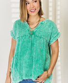 Zenana Washed Raw Hem Short Sleeve Blouse with Pockets - Body By J'ne