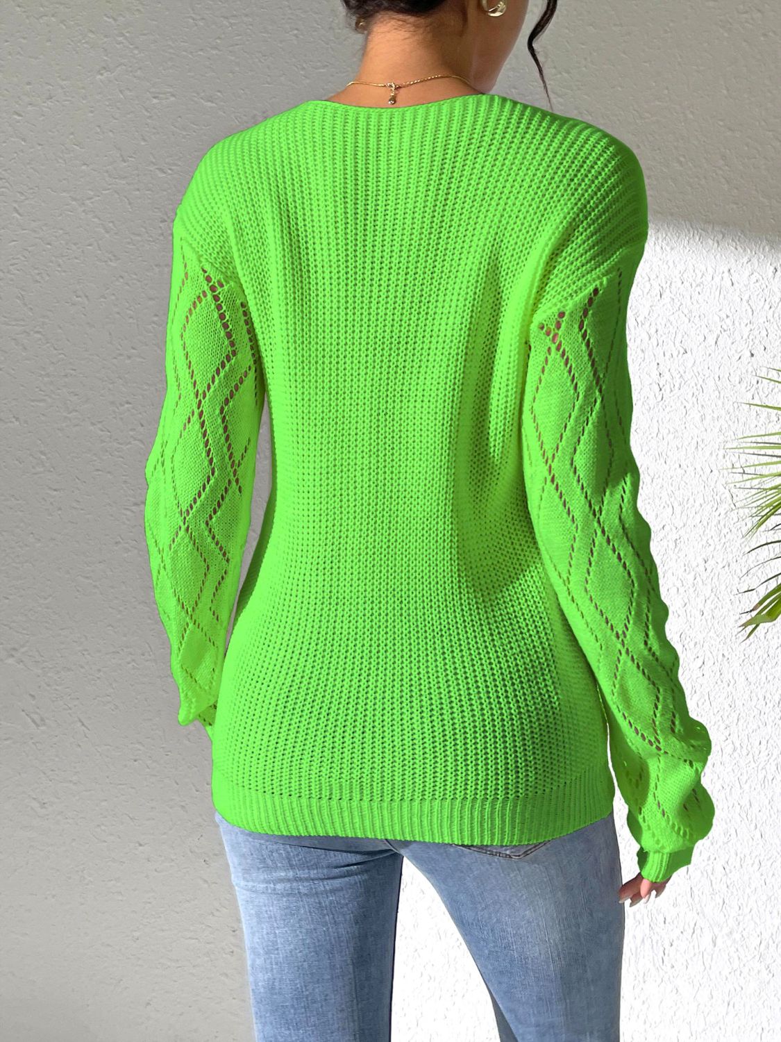 Openwork V-Neck Long Sleeve Sweater - Body By J'ne