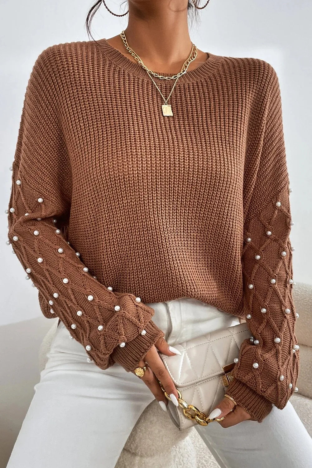 Pearl Detail Round Neck Long Sleeve Sweater - Body By J'ne