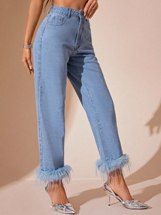 Plush Hem High Rise Straight Jeans - Body By J'ne