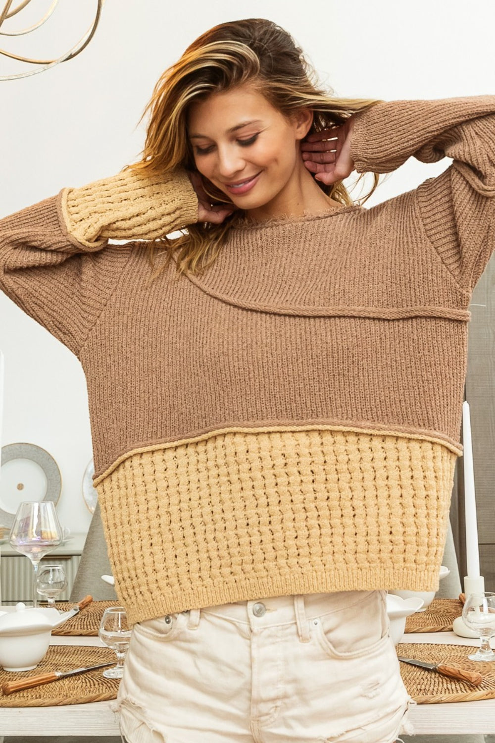 BiBi Texture Detail Contrast Drop Shoulder Sweater - Body By J'ne