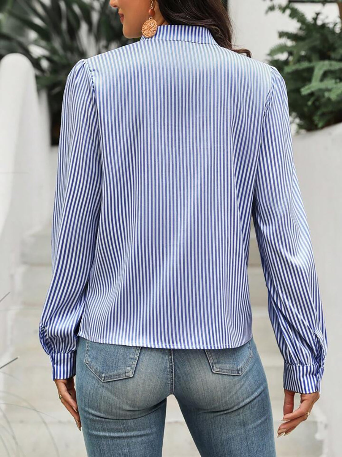 Striped Tie Neck Long Sleeve Blouse - Body By J'ne
