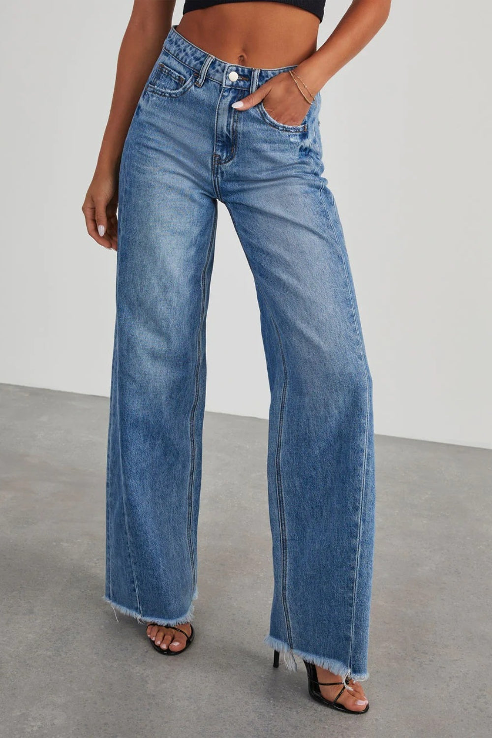 Raw Hem Wide Leg Jeans with Pockets - Body By J'ne