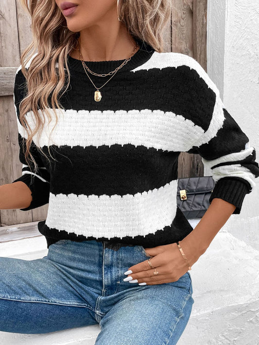 Perfee Striped Round Neck Long Sleeve Sweater - Body By J'ne
