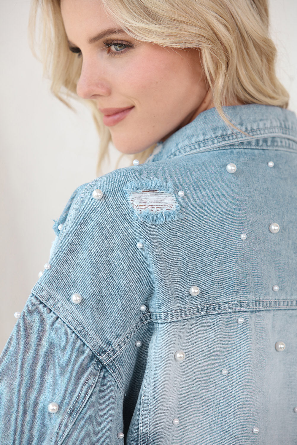 Distressed Pearl Trim Button Up Denim Jacket - Body By J'ne