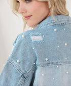 Distressed Pearl Trim Button Up Denim Jacket