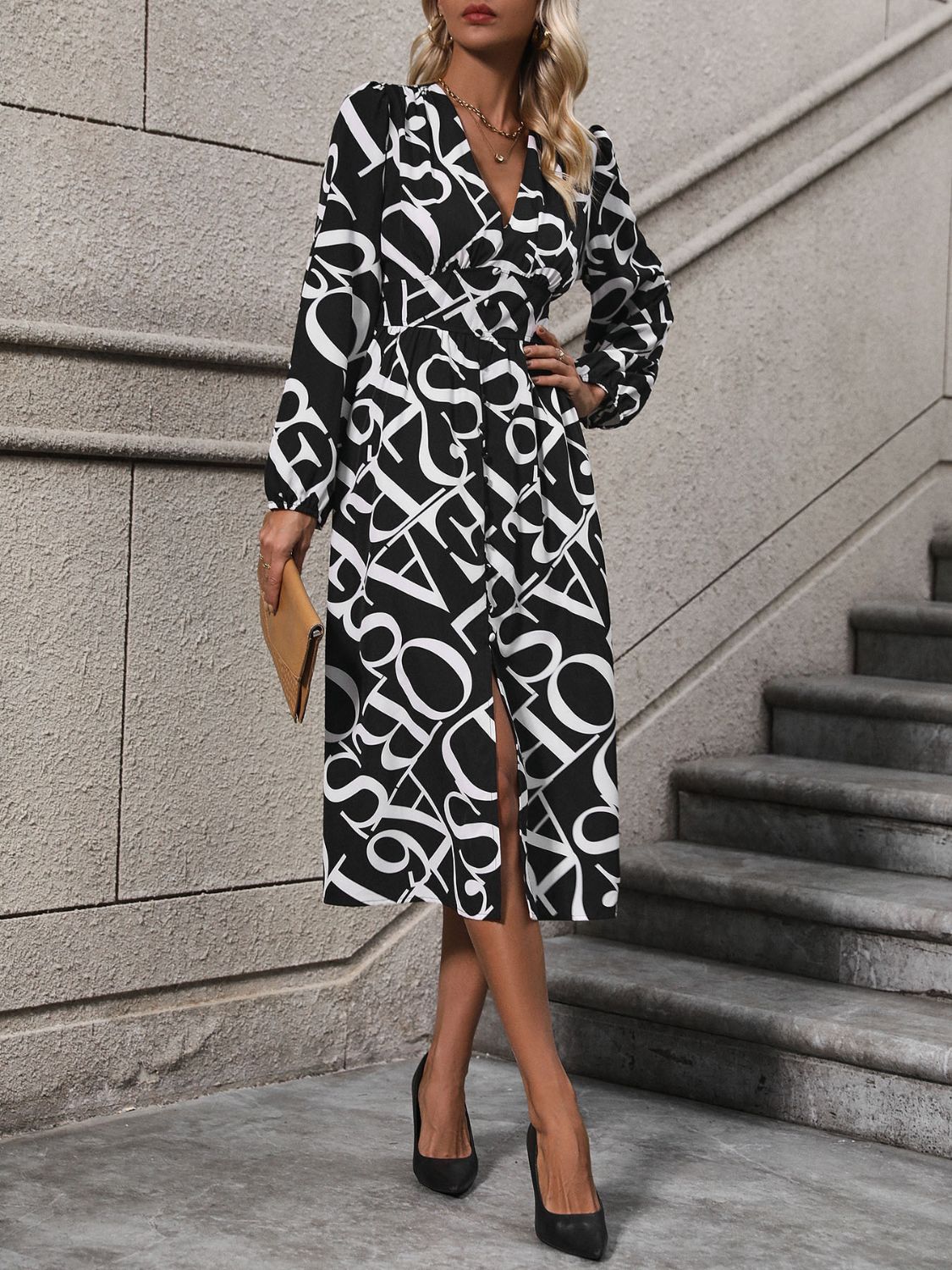Perfee Printed V-Neck Long Sleeve Midi Dress - Body By J'ne