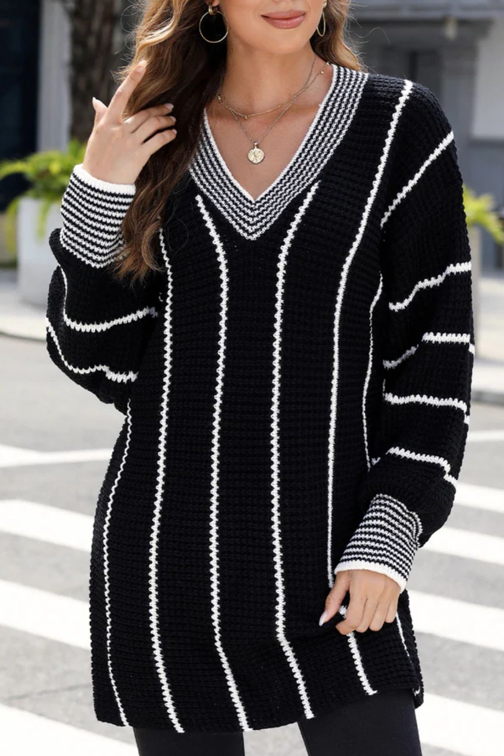 Striped V-Neck Long Sleeve Sweater - Body By J'ne